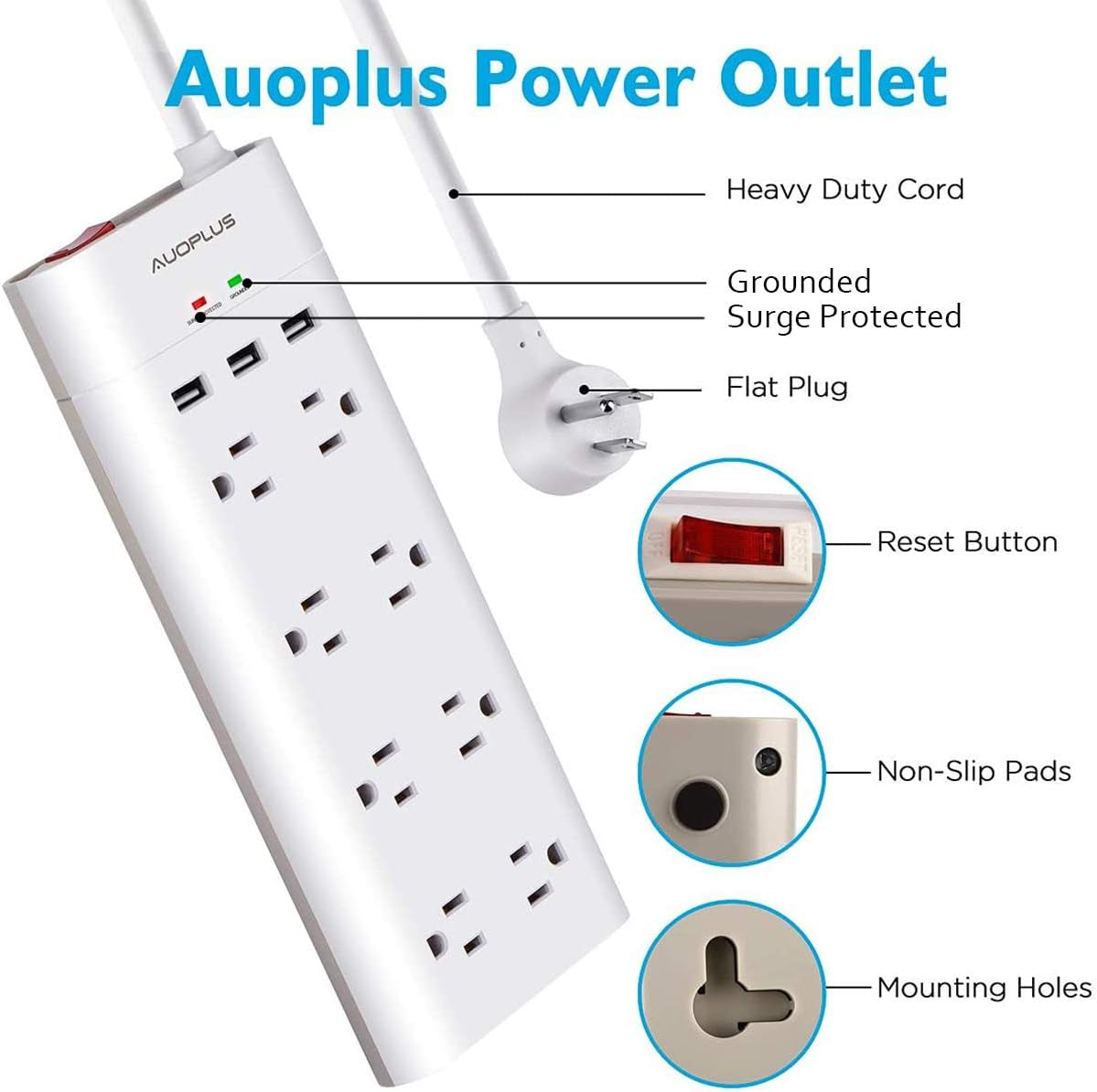 Power Strip with USB,  Surge Protector with 8 Outlets and 3 USB Ports, 6Ft Extension Cord Power Strips Flat Plug, Wall Mountable for Home, Office, Dorm Essentials, ETL Listed