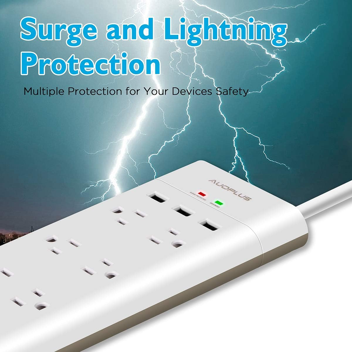 Power Strip with USB,  Surge Protector with 8 Outlets and 3 USB Ports, 6Ft Extension Cord Power Strips Flat Plug, Wall Mountable for Home, Office, Dorm Essentials, ETL Listed