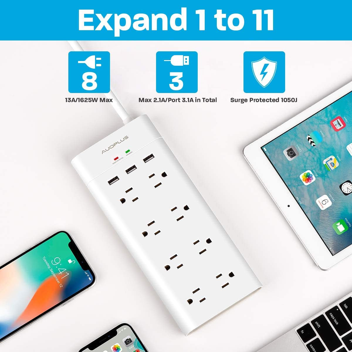 Power Strip with USB,  Surge Protector with 8 Outlets and 3 USB Ports, 6Ft Extension Cord Power Strips Flat Plug, Wall Mountable for Home, Office, Dorm Essentials, ETL Listed
