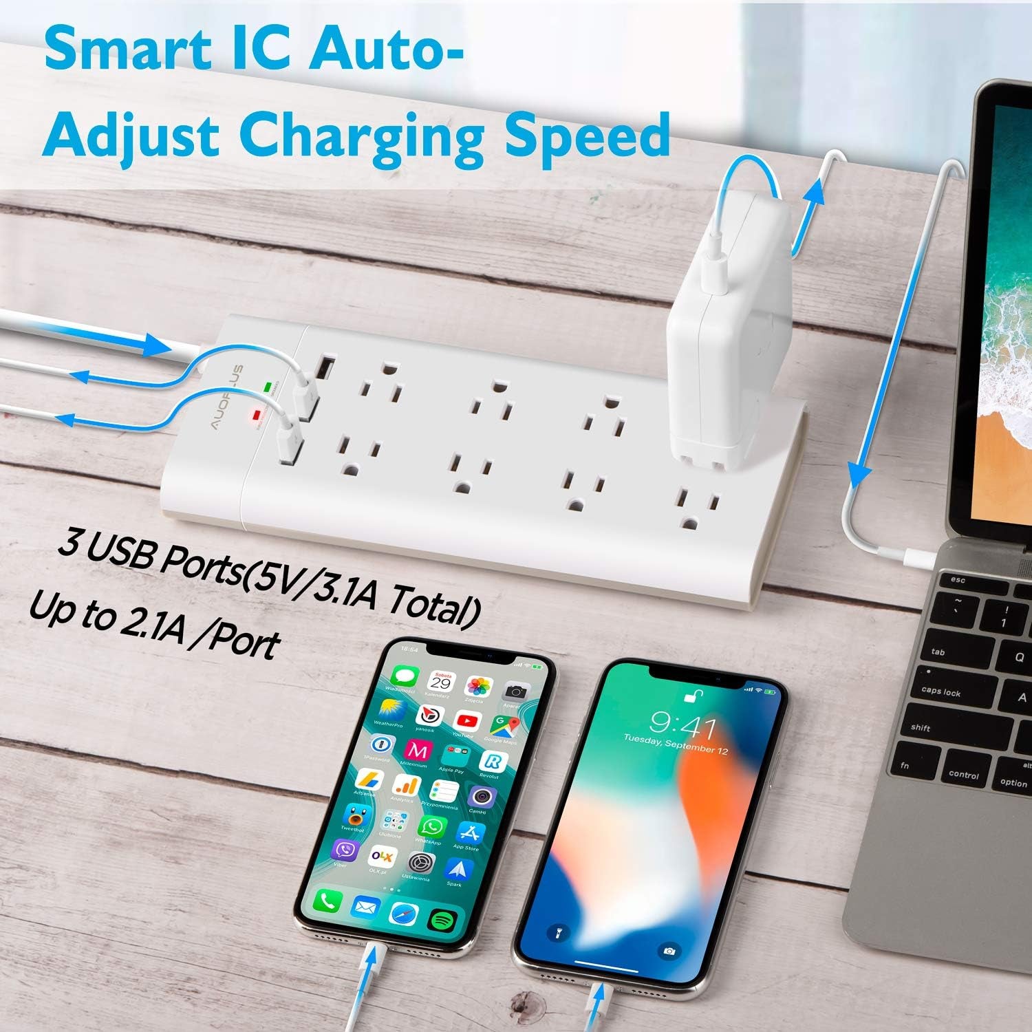 Power Strip with USB,  Surge Protector with 8 Outlets and 3 USB Ports, 6Ft Extension Cord Power Strips Flat Plug, Wall Mountable for Home, Office, Dorm Essentials, ETL Listed